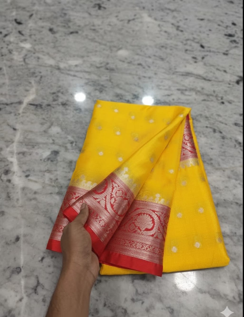 Elegant Yellow & Red Warm Silk Saree with Intricate Water Zari Butti WSN90