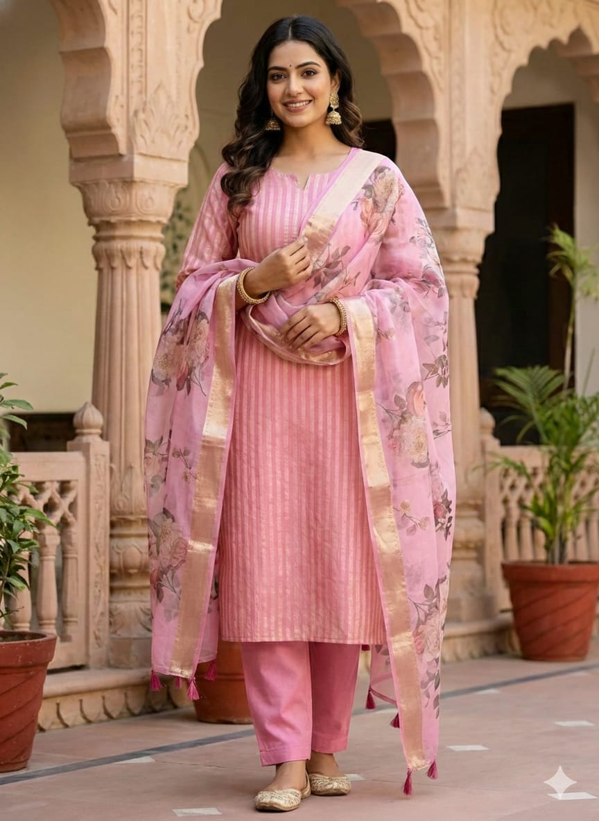 Premium Banarasi Mercerised Cotton Unstitched Suit Set with Digital Print Chanderi Dupatta BSH45