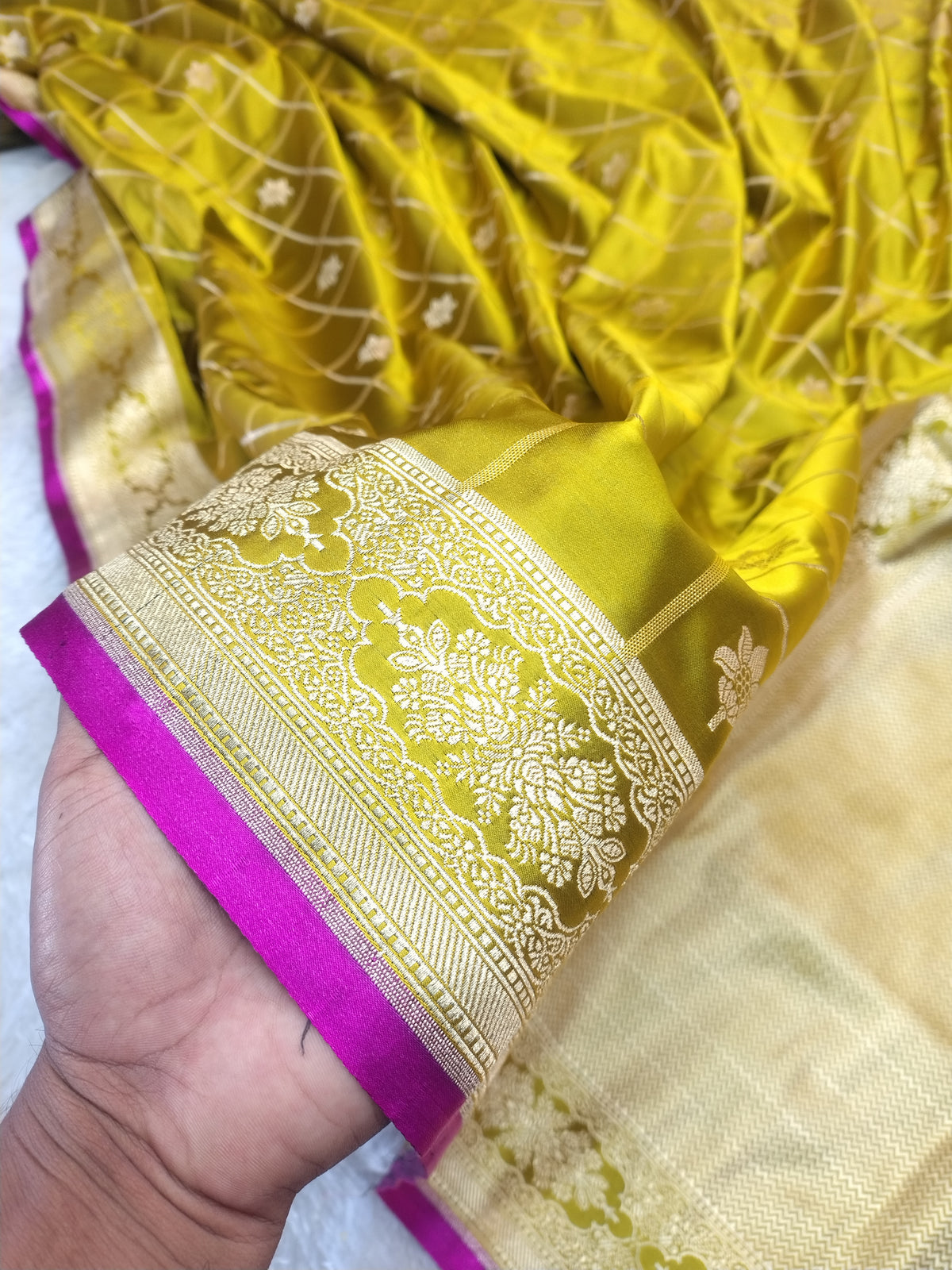 Royal Mustard Lime Banarasi Mashru Silk Saree with Gold Zari Weave & Contrast Rani Border WBMS41