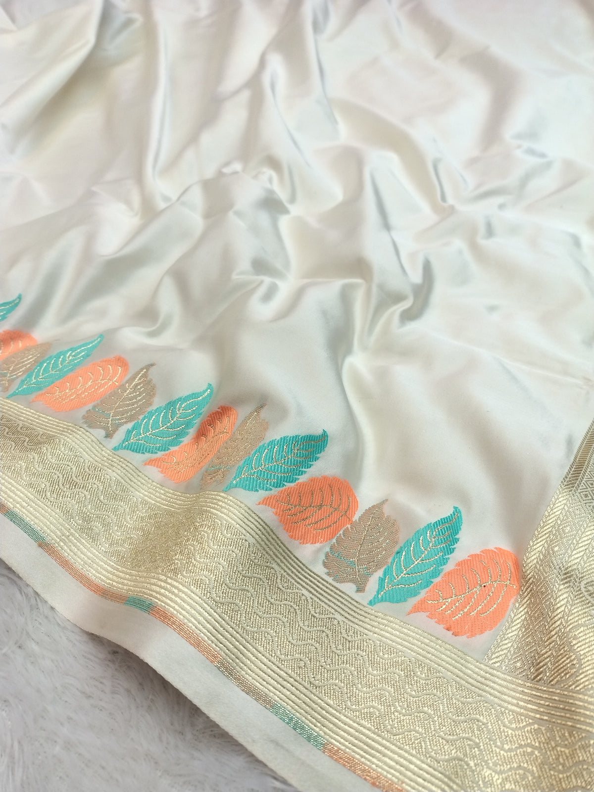 Banarasi Mashru Silk Saree in Off-White with Vibrant Leaf Meenakari & Golden Zari Border WBMS80