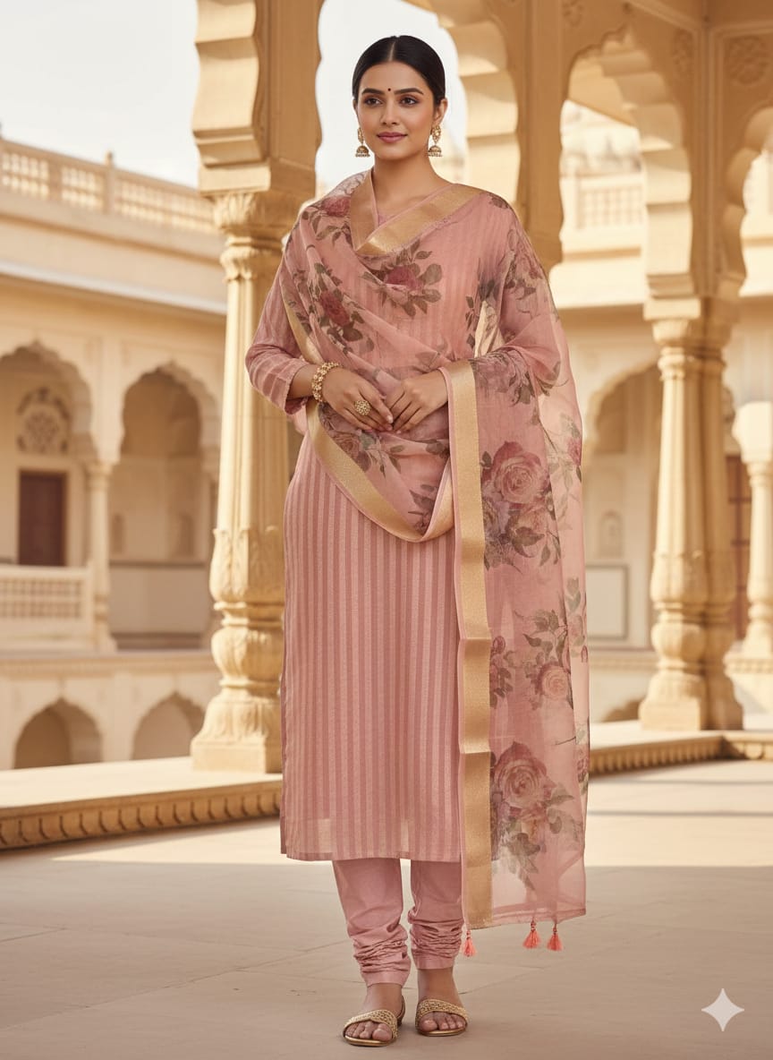 Premium Banarasi Mercerised Cotton Unstitched Suit Set with Digital Print Chanderi Dupatta BSH45