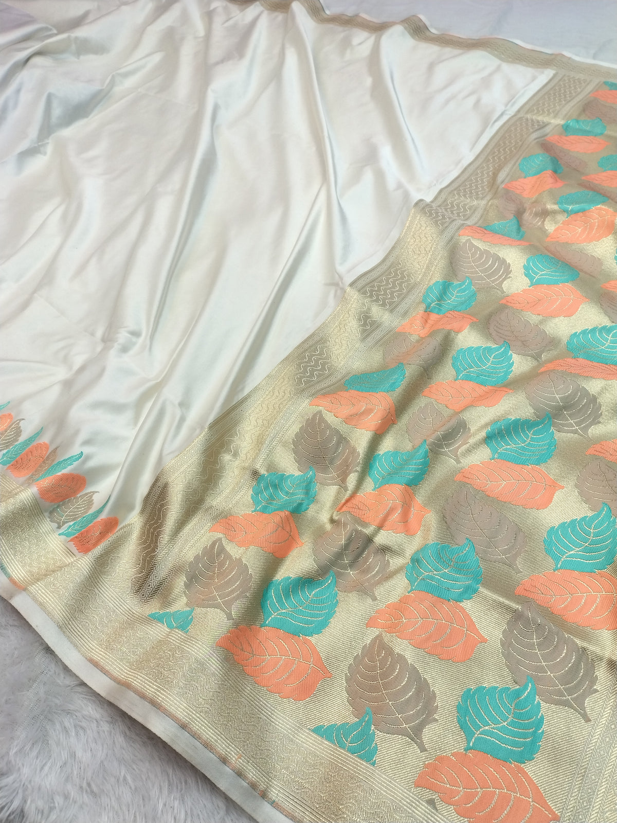 Banarasi Mashru Silk Saree in Off-White with Vibrant Leaf Meenakari & Golden Zari Border WBMS80