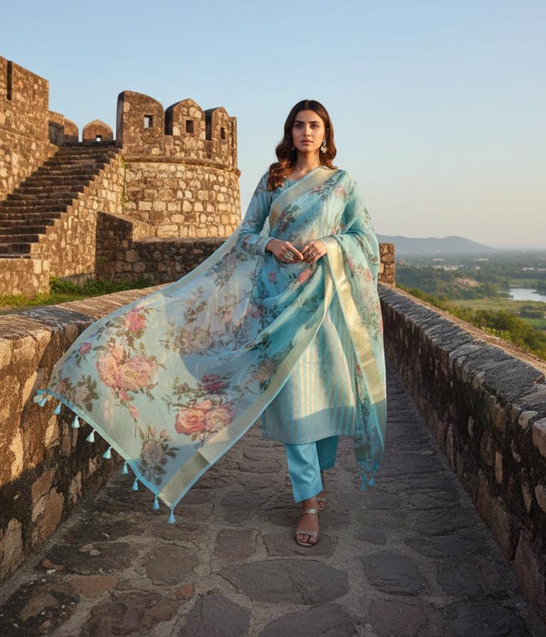Premium Banarasi Mercerised Cotton Unstitched Suit Set with Digital Print Chanderi Dupatta BSH45