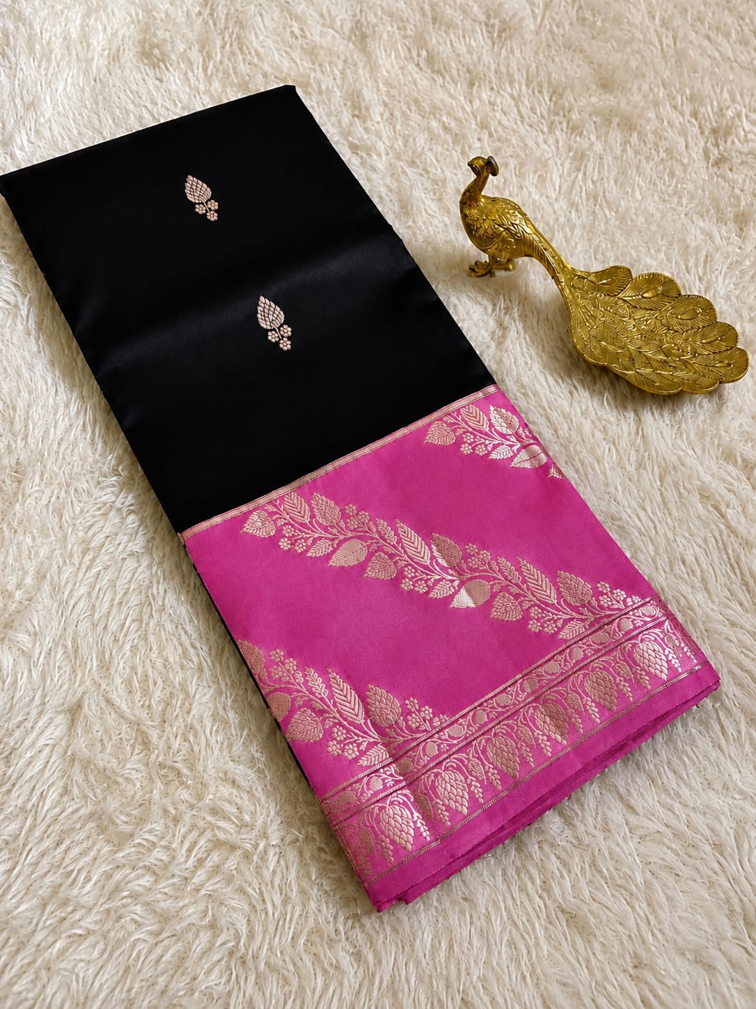 Elegant Black Semi Katan Soft Silk Saree with Vibrant Contrast Border & Pallu SKD66