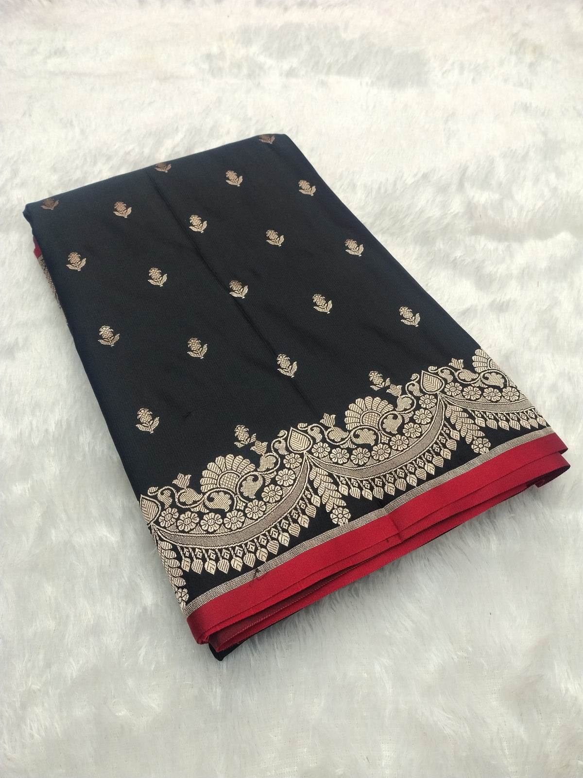 Royal Black Banarasi Semi Katan Soft Silk Saree with Rich Golden Zari Pallu & Contrast Red Border JBSK31