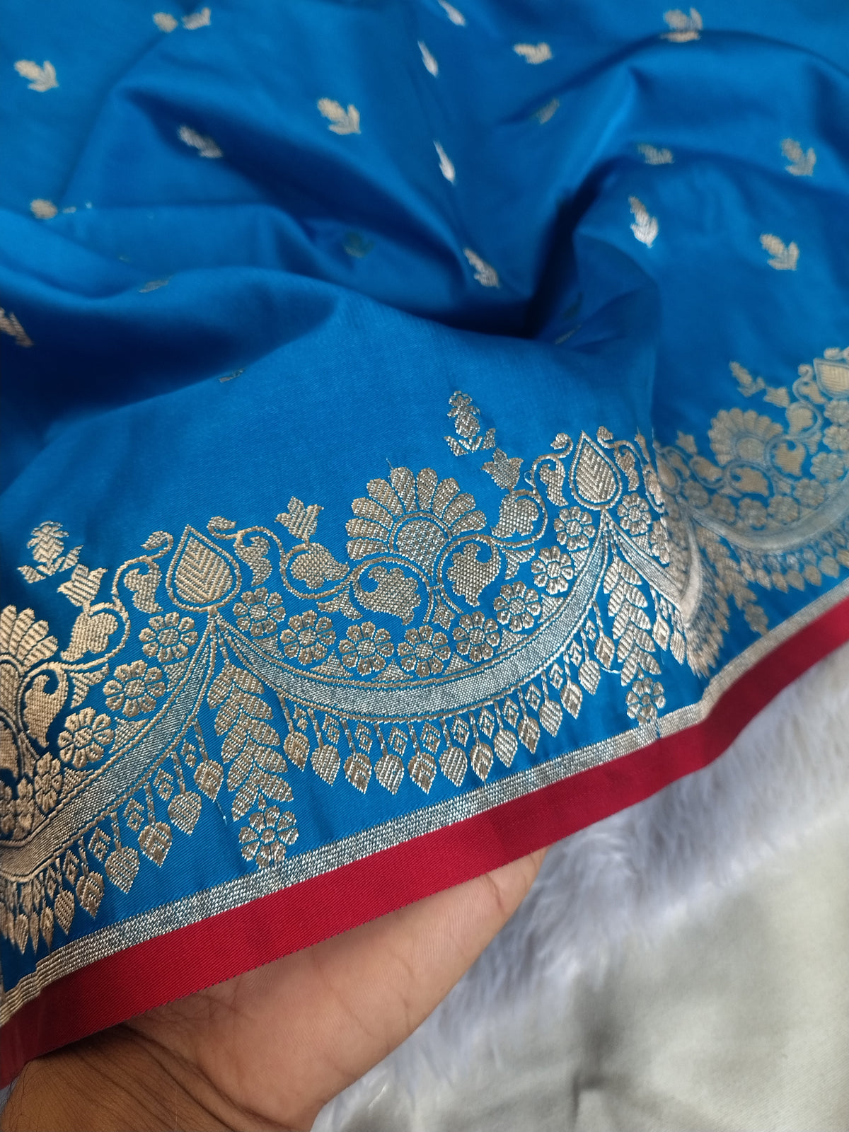 Royal Sky Blue Semi Katan Soft Silk Saree with Rich Silver Zari Pallu & Floral Border JBSK21