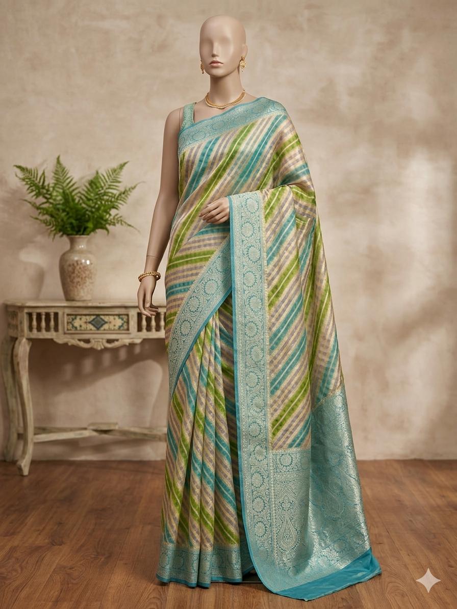 Pure Khaddi Chiffon Banarasi Saree with Double Neem Zari Weaving & Handbrush Dye - Multicolour Stripe PKGK90