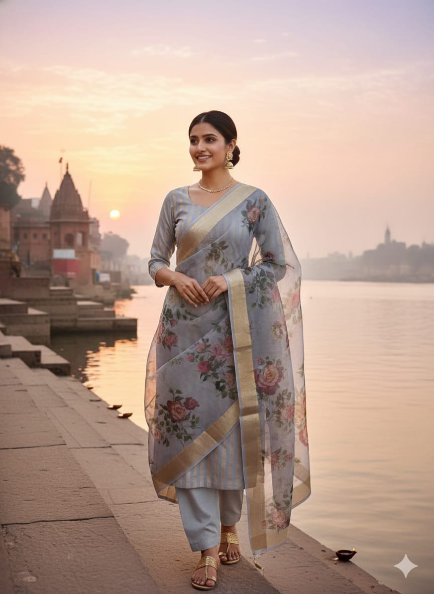 Premium Banarasi Mercerised Cotton Unstitched Suit Set with Digital Print Chanderi Dupatta BSH45
