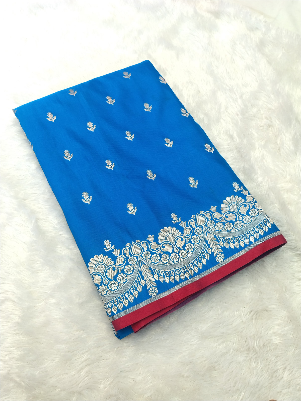 Royal Sky Blue Semi Katan Soft Silk Saree with Rich Silver Zari Pallu & Floral Border JBSK21