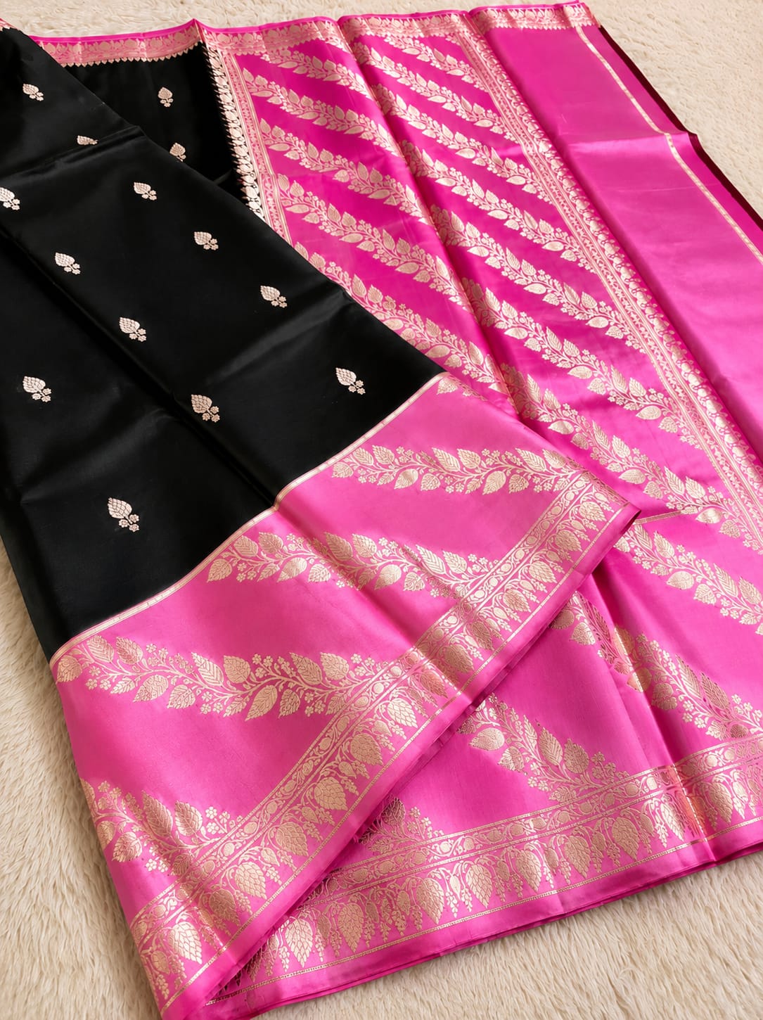 Elegant Black Semi Katan Soft Silk Saree with Vibrant Contrast Border & Pallu SKD66