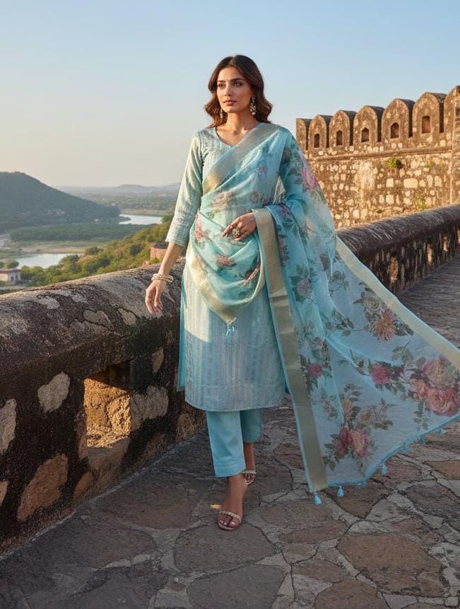 Premium Banarasi Mercerised Cotton Unstitched Suit Set with Digital Print Chanderi Dupatta BSH45