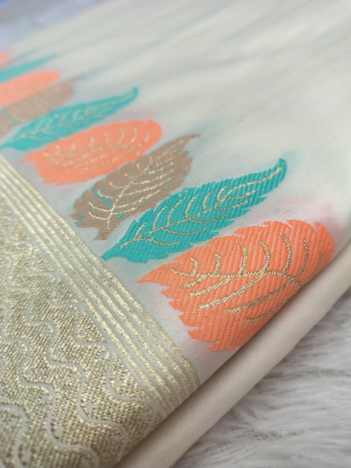 Banarasi Mashru Silk Saree in Off-White with Vibrant Leaf Meenakari & Golden Zari Border WBMS80