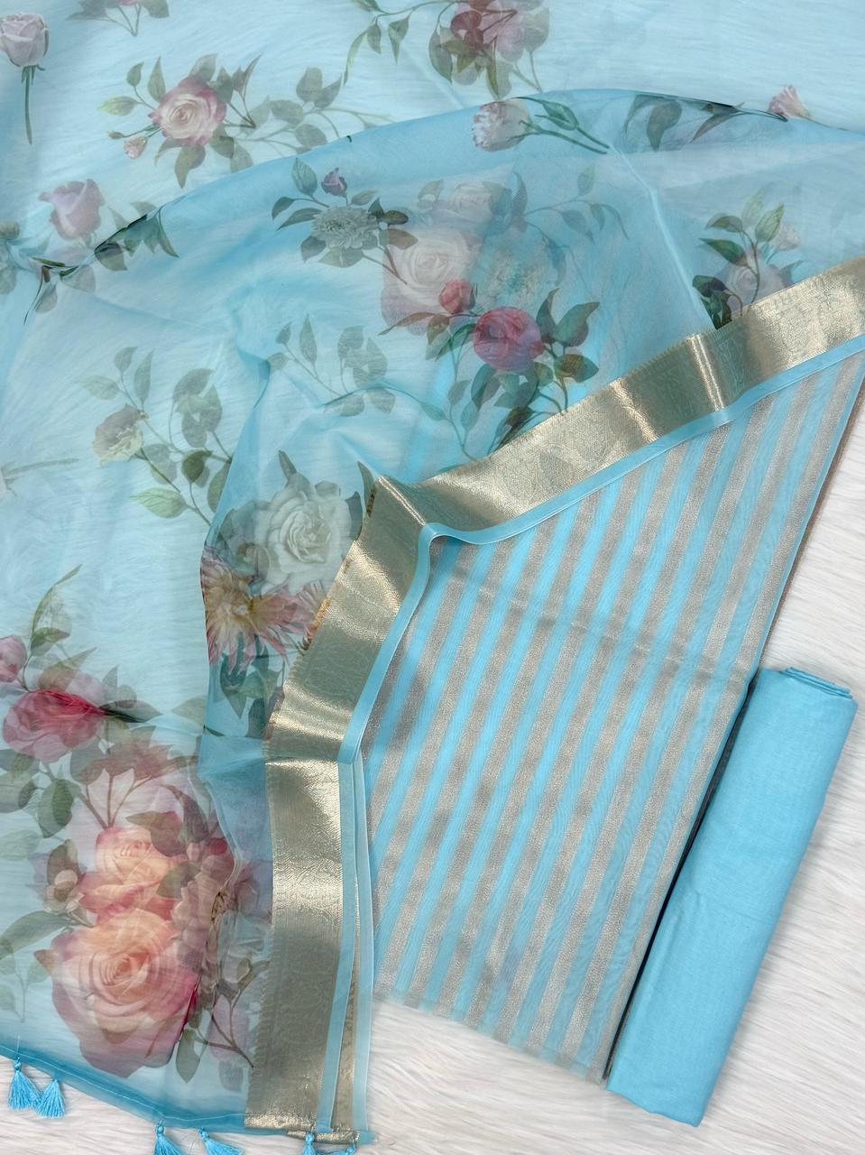 Premium Banarasi Mercerised Cotton Unstitched Suit Set with Digital Print Chanderi Dupatta BSH45
