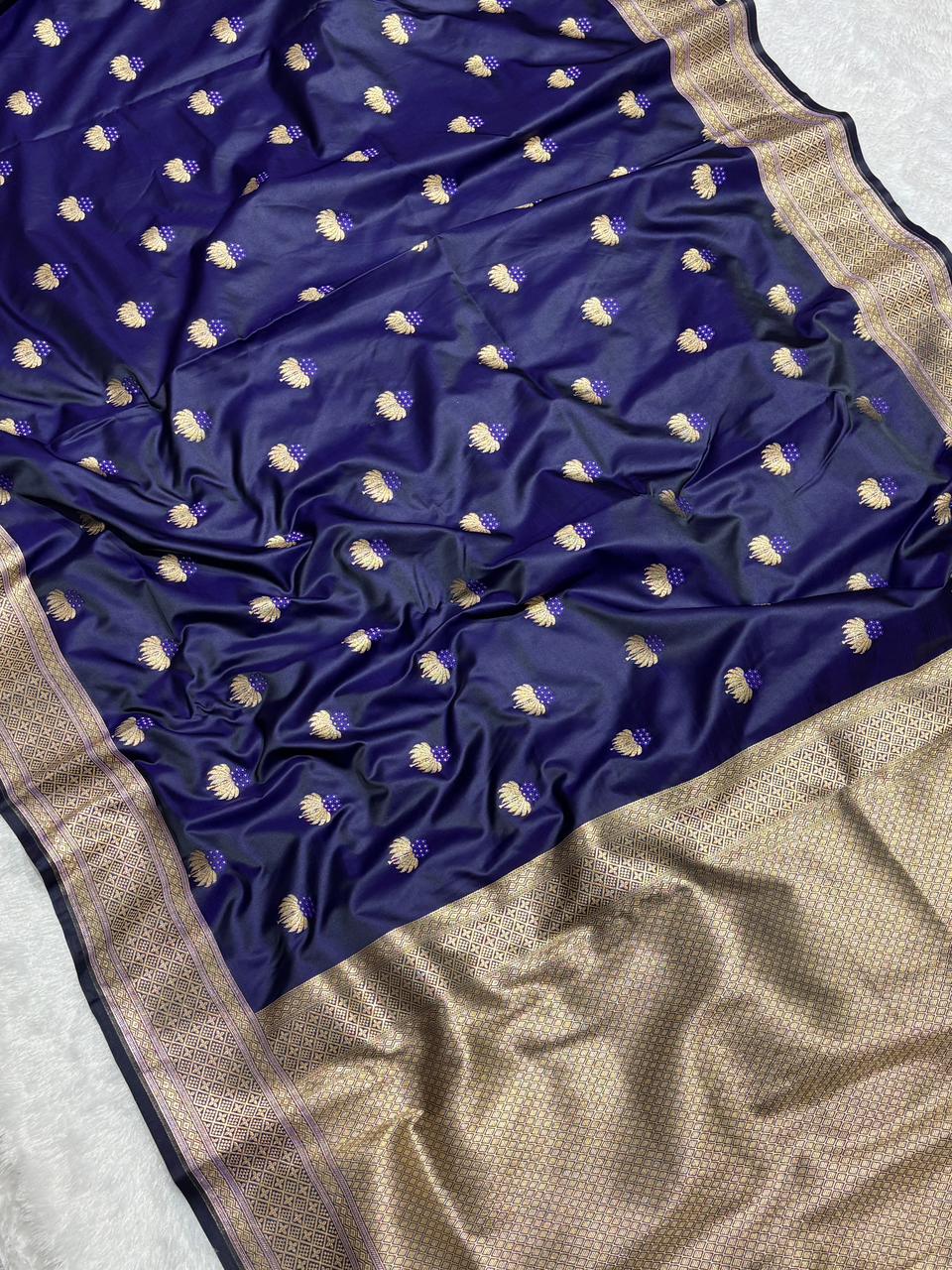 Royal Navy Blue Banarasi Semi Katan Soft Silk Saree with Elaborate Zari Pallu