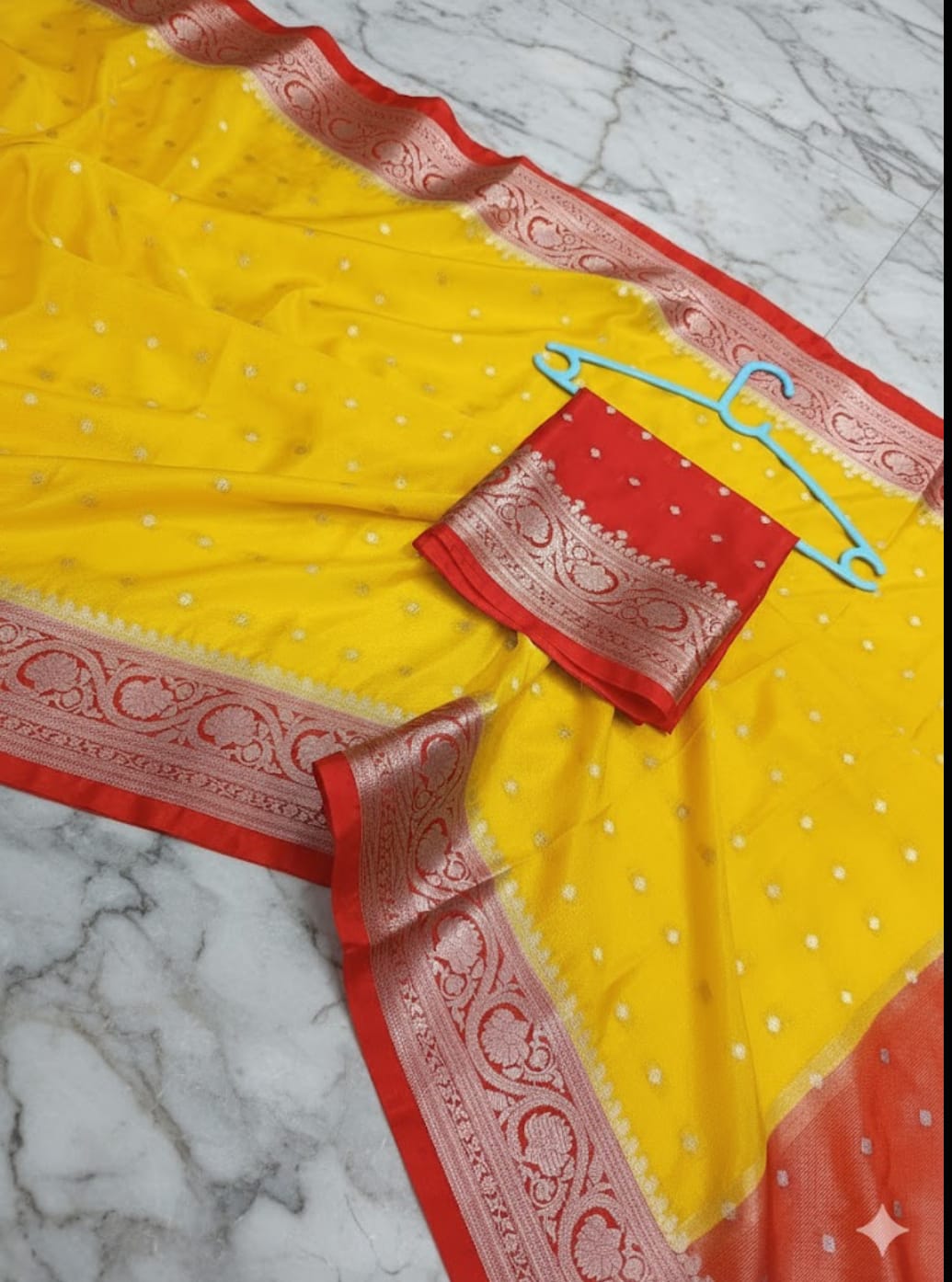 Elegant Yellow & Red Warm Silk Saree with Intricate Water Zari Butti WSN90