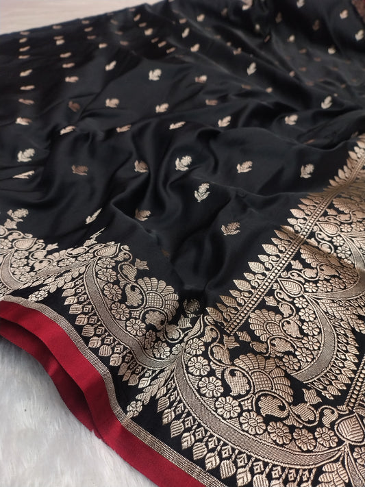 Royal Black Banarasi Semi Katan Soft Silk Saree with Rich Golden Zari Pallu & Contrast Red Border JBSK31