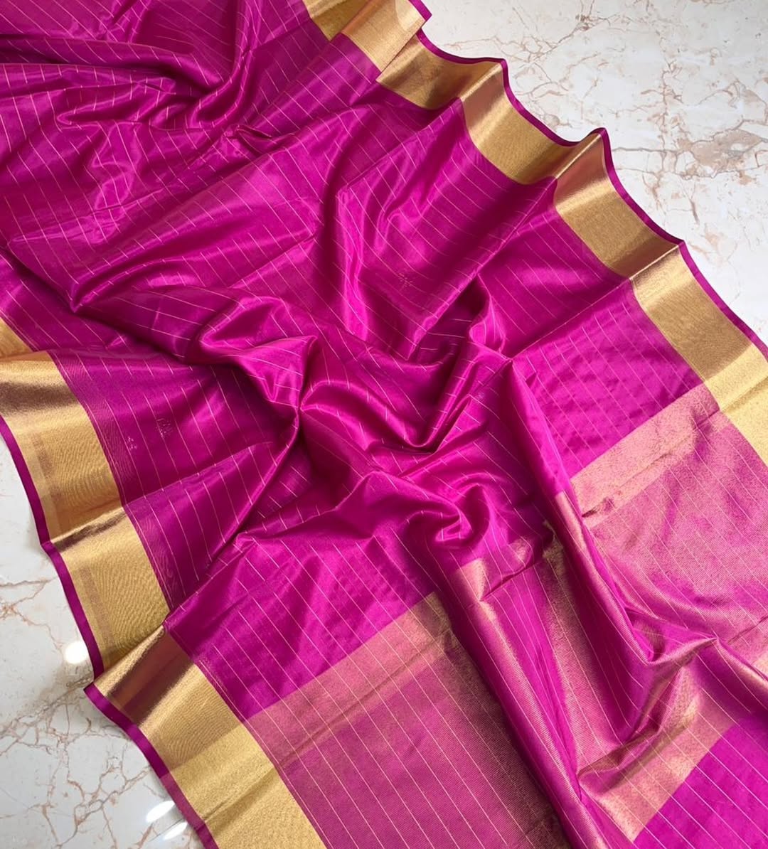 Elegant Rani Pink Banarasi Catlone Soft Silk Saree with Zari Checks