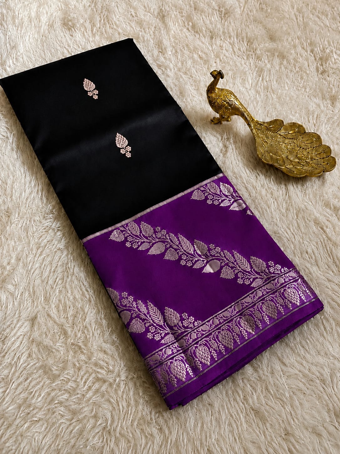 Elegant Black Semi Katan Soft Silk Saree with Vibrant Contrast Border & Pallu SKD66