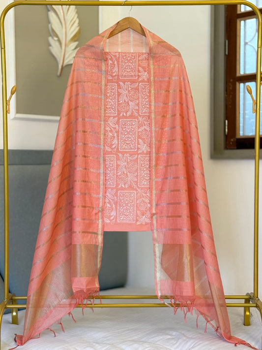 Exclusive Banarasi Chanderi Silk Unstitched Salwar Kameez Suit Set – Peach / Coral Pink BSH13