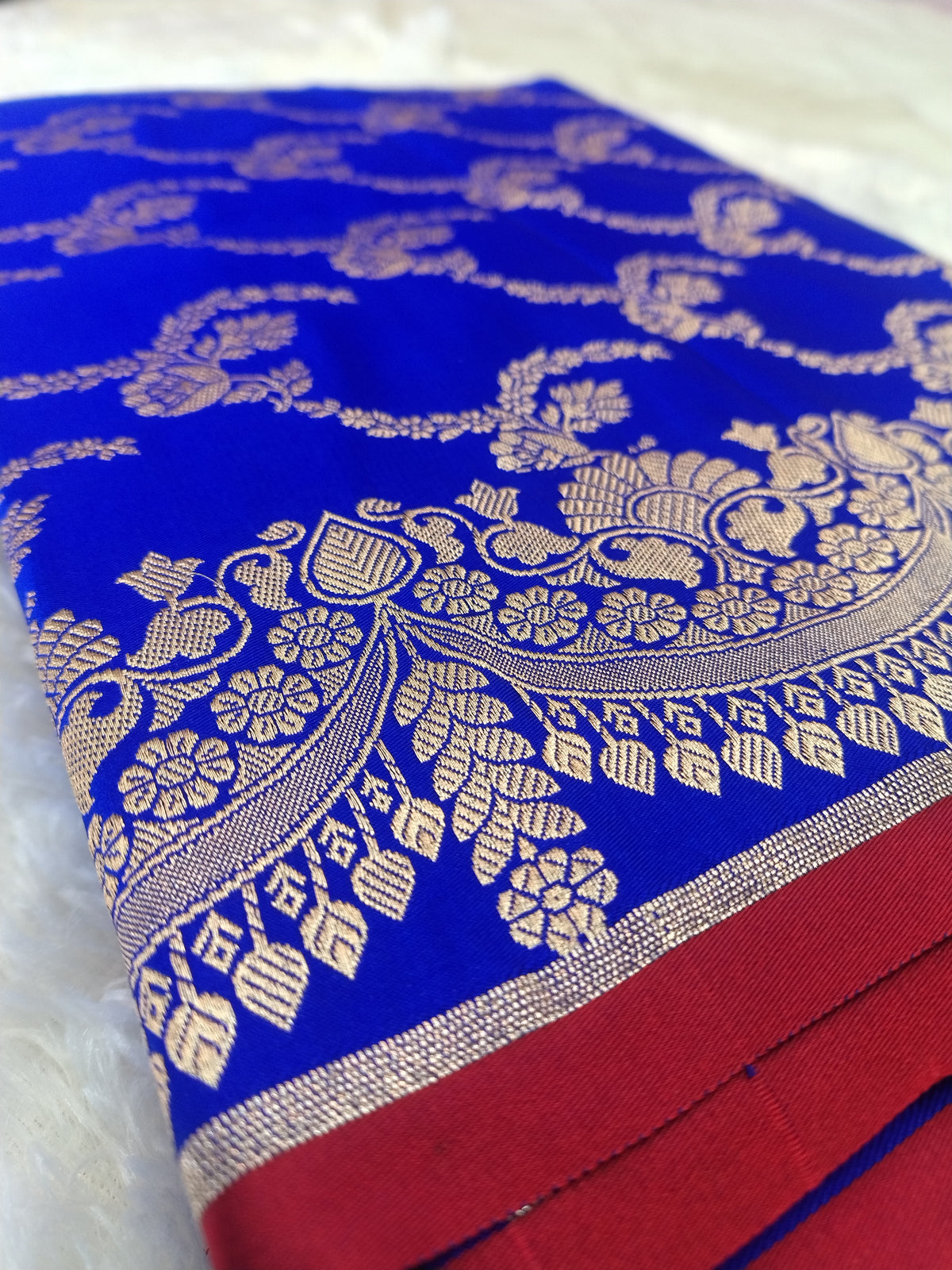 Royal Blue Semi Katan Silk Saree | Heavy Floral Jaal & Contrast Border JBSK19
