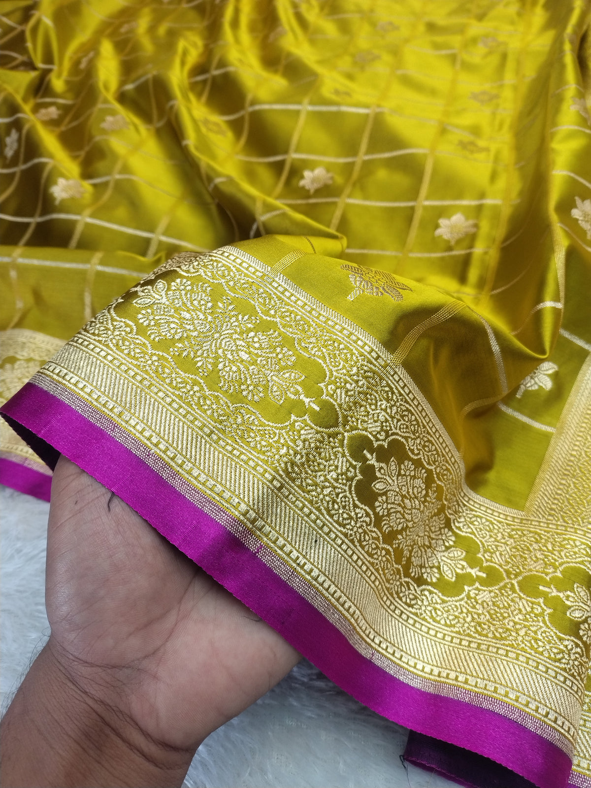 Royal Mustard Lime Banarasi Mashru Silk Saree with Gold Zari Weave & Contrast Rani Border WBMS41