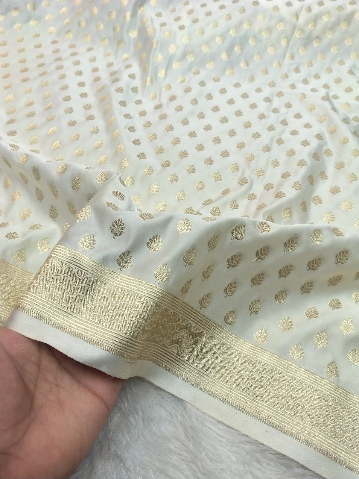 Banarasi Mashru Silk Saree in Off-White with Vibrant Leaf Meenakari & Golden Zari Border WBMS80
