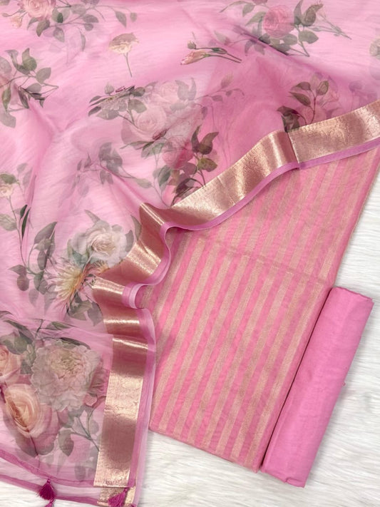 Premium Banarasi Mercerised Cotton Unstitched Suit Set with Digital Print Chanderi Dupatta BSH45