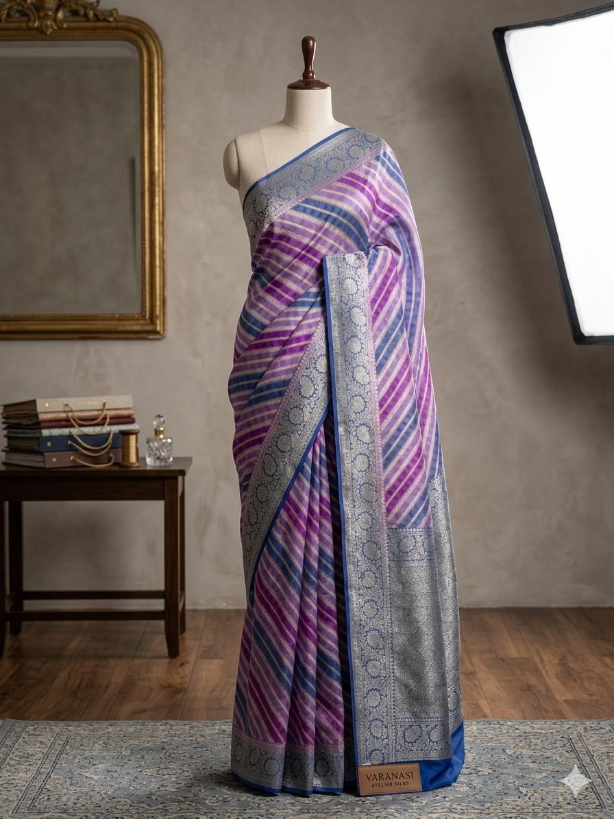 Pure Khaddi Chiffon Banarasi Saree with Double Neem Zari Weaving & Handbrush Dye - Multicolour Stripe PKGK90